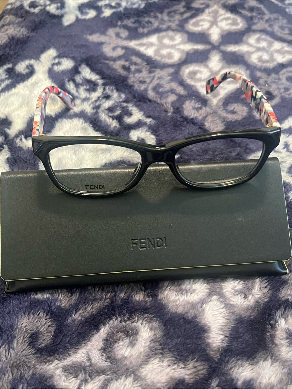 NWT Fendi Black Frame Glasses with Multicolor Patterned Temples